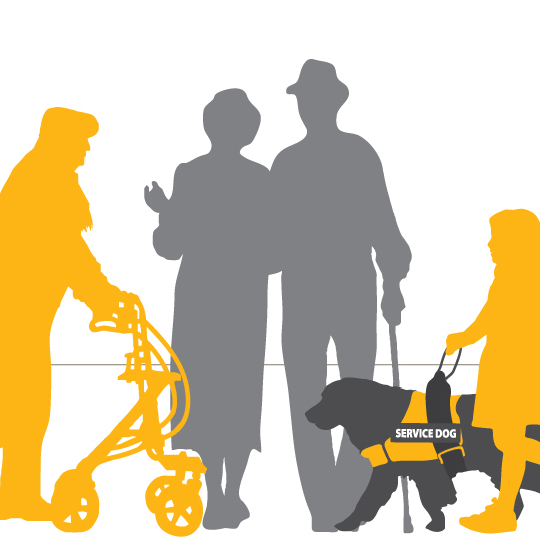 This image shows a cartoon of different people with disabilities, such as a girl with a service dog, a person walking with a strolley and an elderly couple. It has been cropped from the original, which can be found here https://www.flickr.com/photos/bcgovphotos/52109446037, a flickr link provided by Province of British Columbia  for Coypright reasons